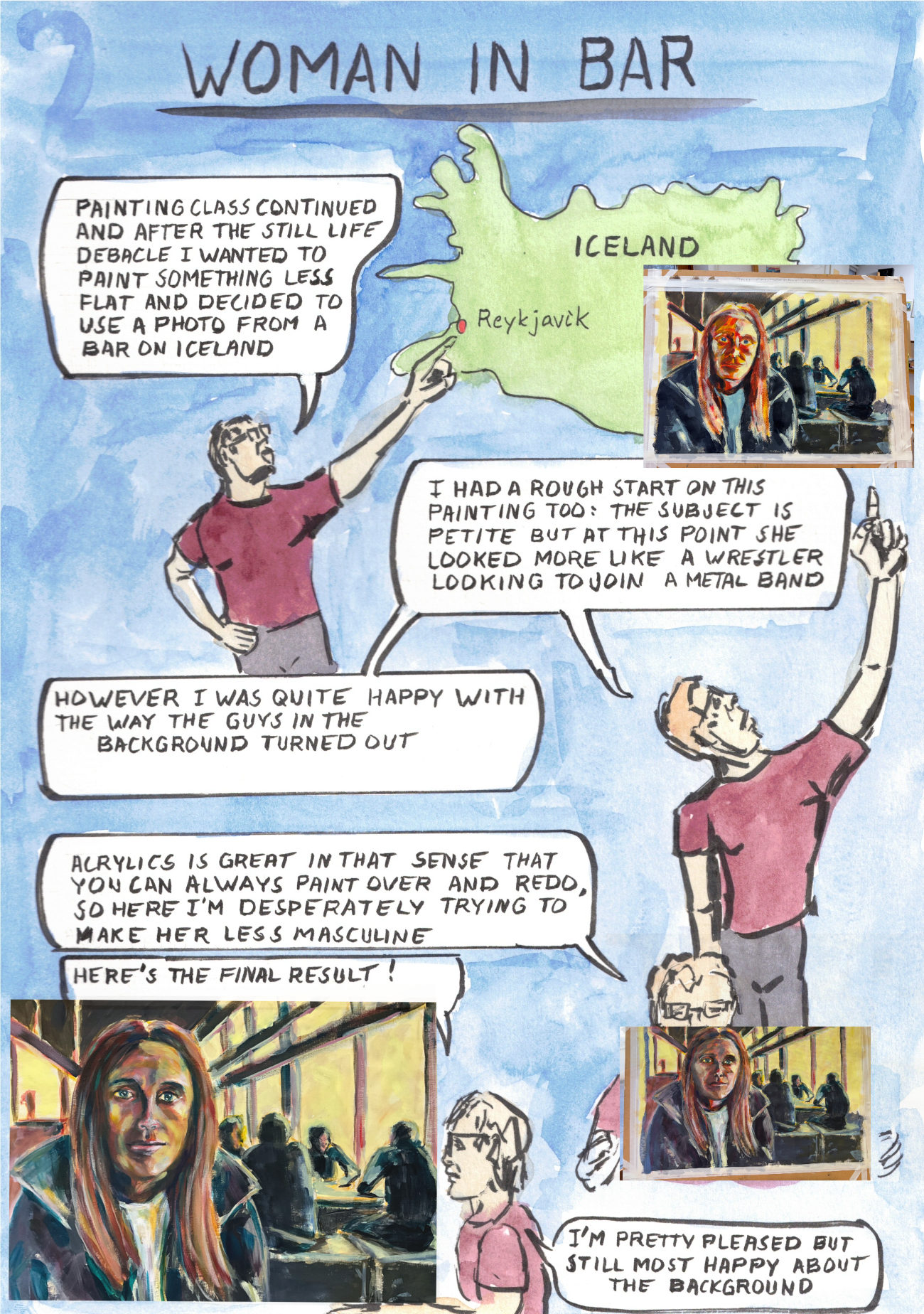 2025. Acrylic painting process — Woman in a Reykjavik Bar. Painting class.