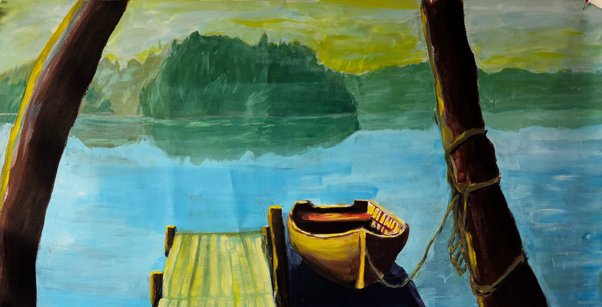 Boat on lake. Acrylic.