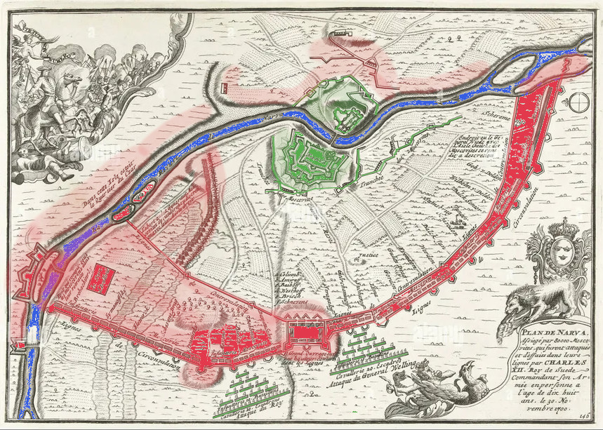 Map of the siege of Narva 1700 — Swedish and Russian positions during the Battle of Narva, Great Northern War